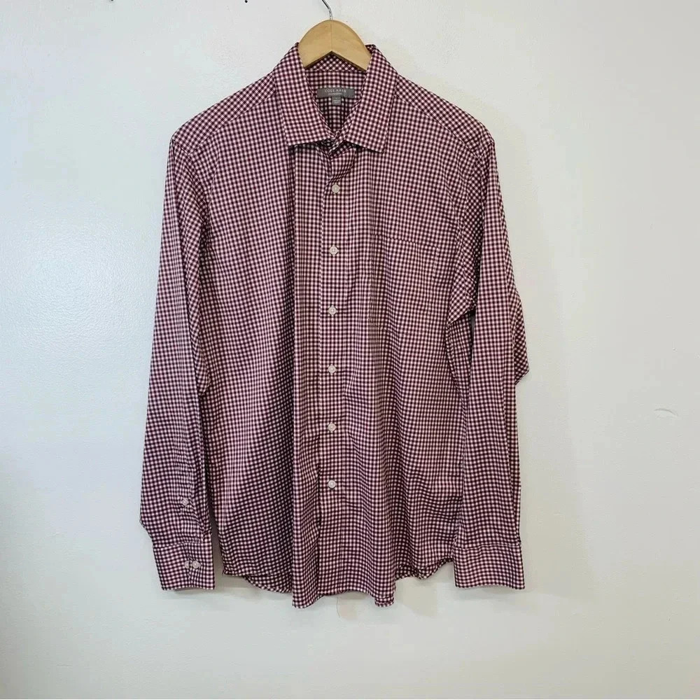Cole Haan  Mens Shirt Large Grandseries  Maroon‎ Plaid Long Sleeve Light Stretch